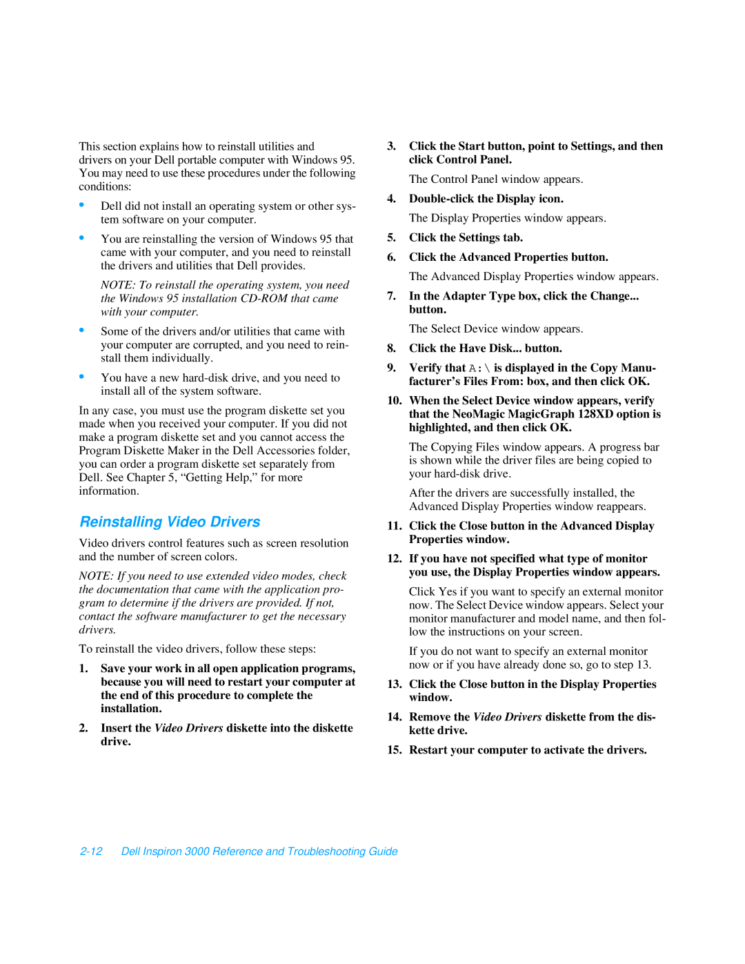 Dell 3000 manual Reinstalling Video Drivers, Double-click the Display icon, Adapter Type box, click the Change Button 