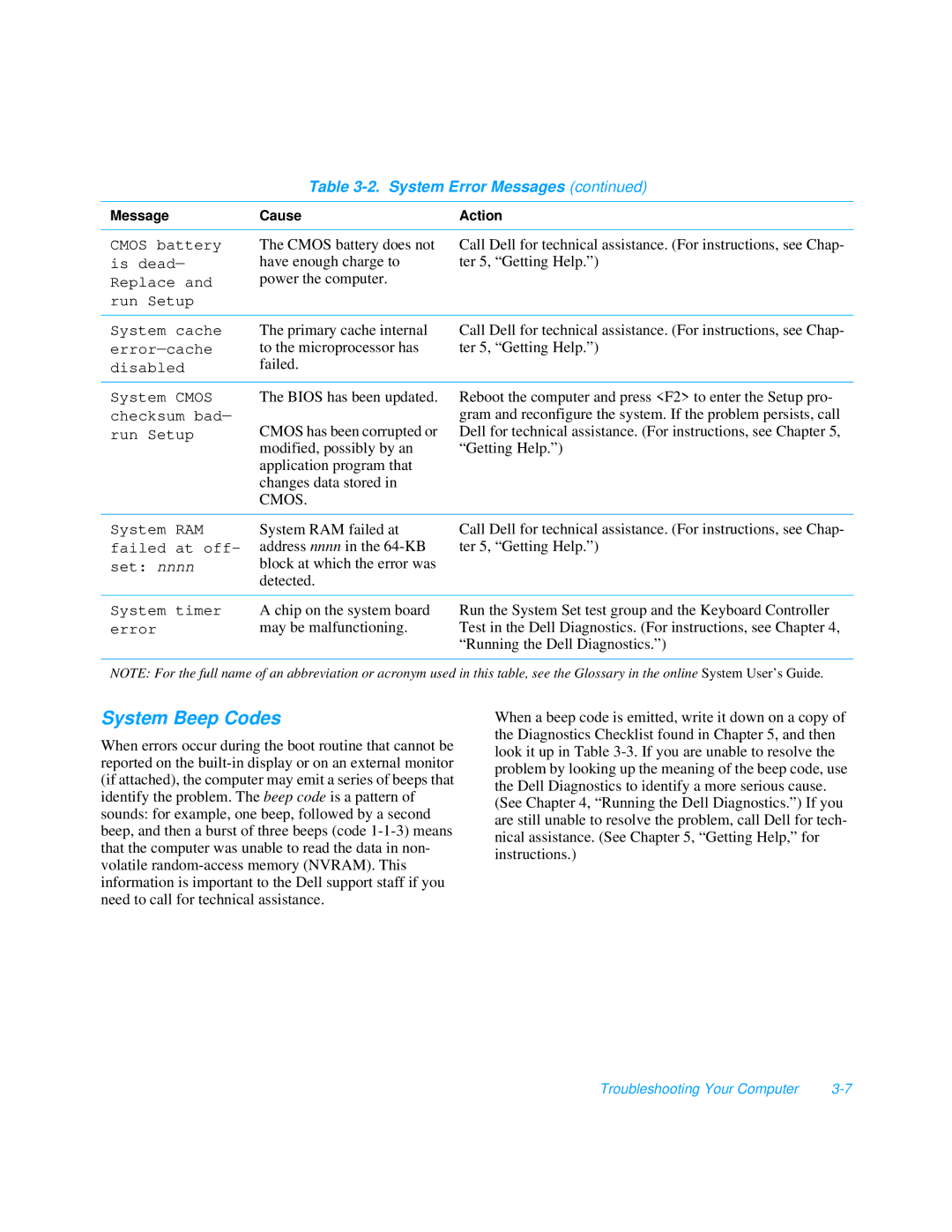 Dell 3000 manual System Beep Codes, Cmos 
