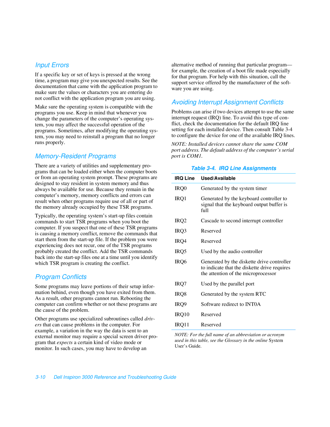 Dell 3000 manual Input Errors, Memory-Resident Programs, Program Conflicts, Avoiding Interrupt Assignment Conflicts 