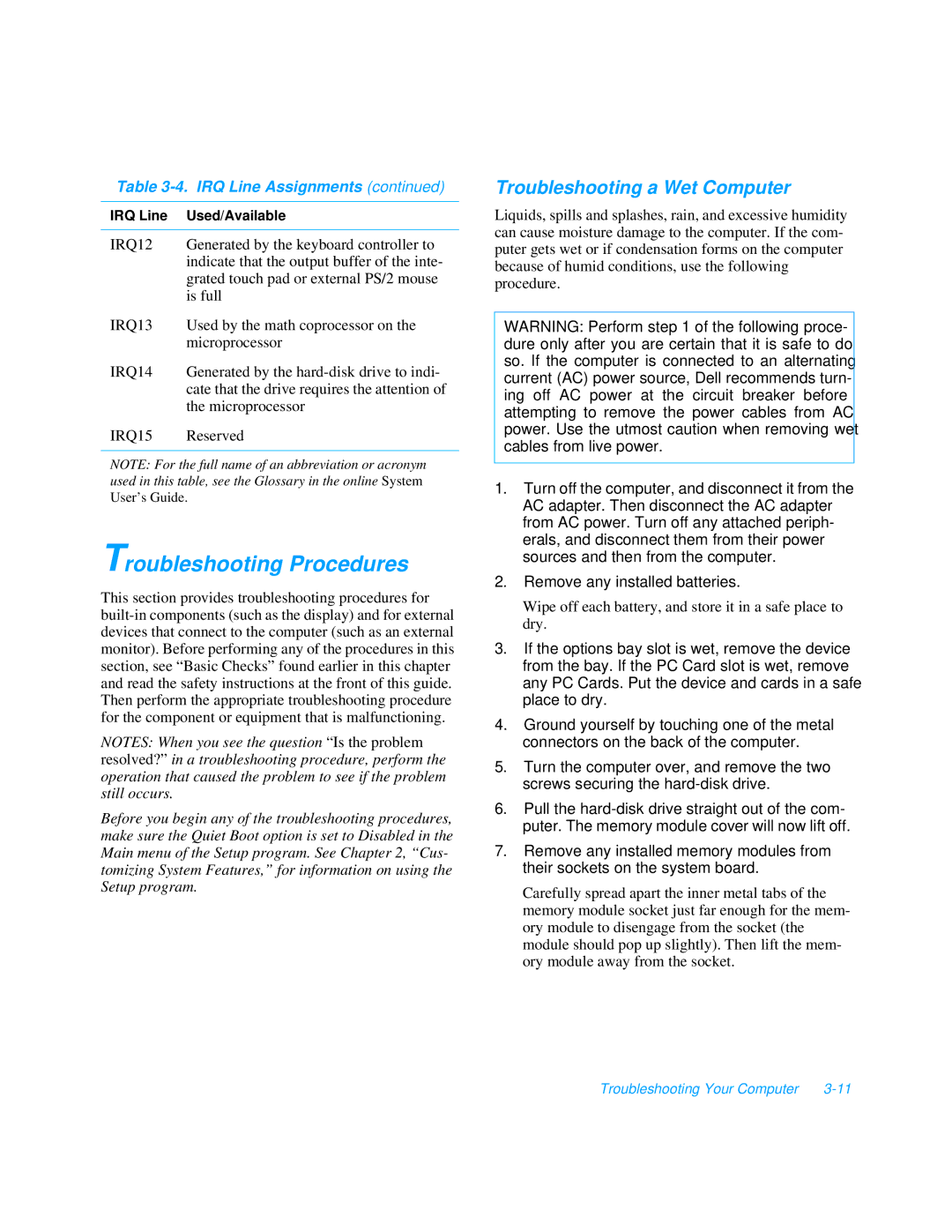 Dell 3000 manual Troubleshooting Procedures, Troubleshooting a Wet Computer 