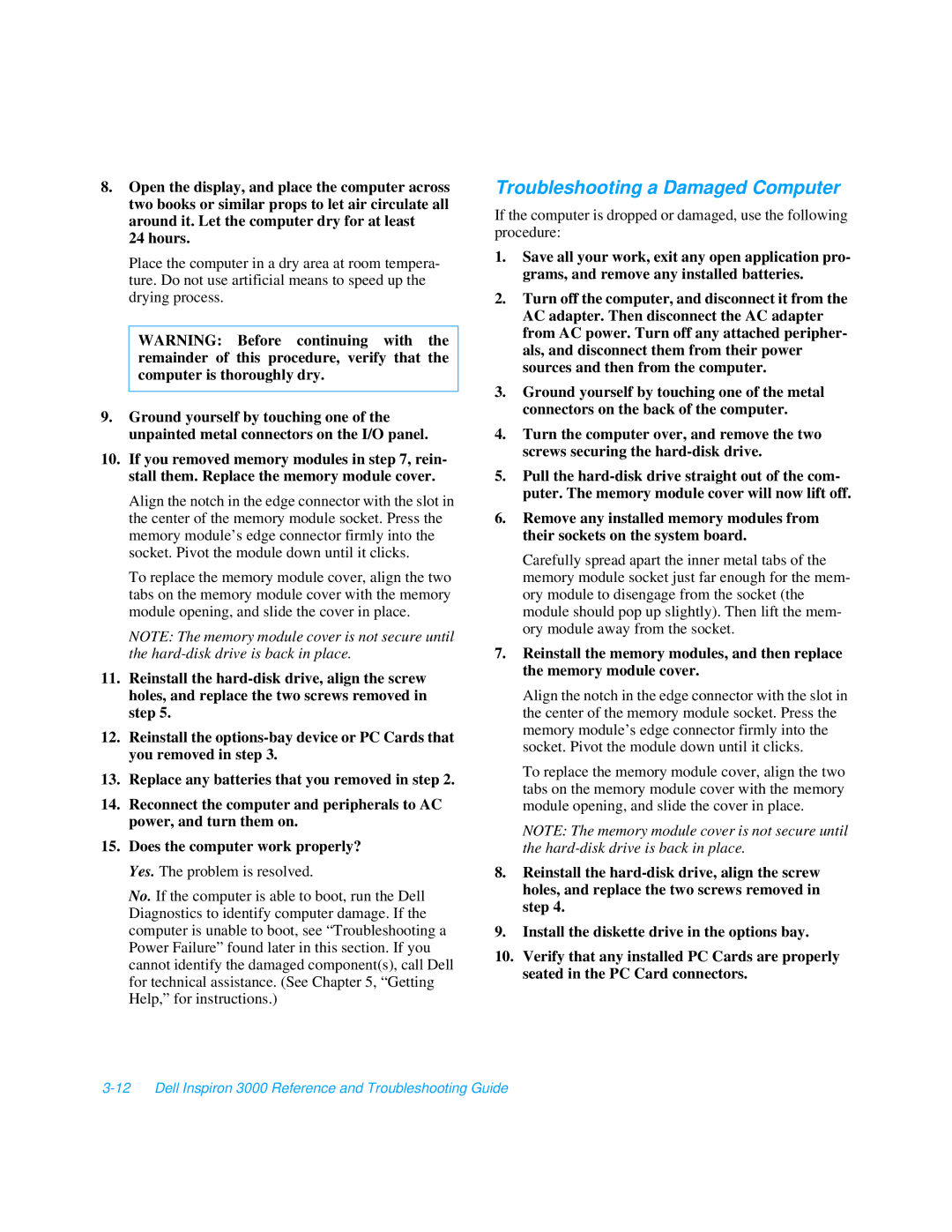 Dell 3000 manual Troubleshooting a Damaged Computer 