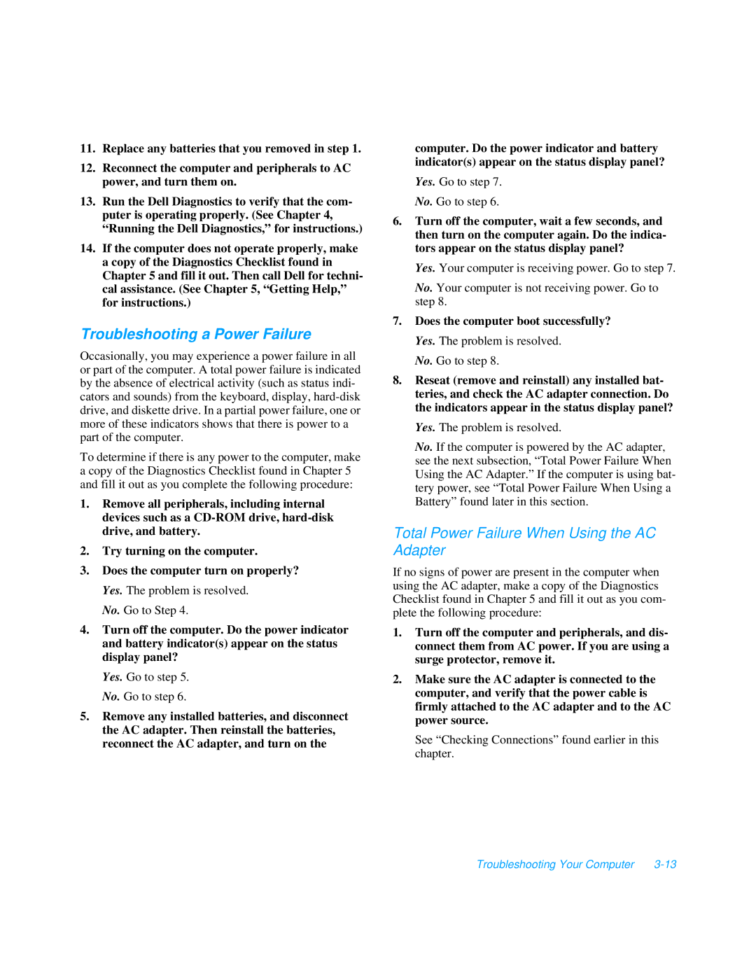 Dell 3000 manual Troubleshooting a Power Failure, Total Power Failure When Using the AC Adapter 