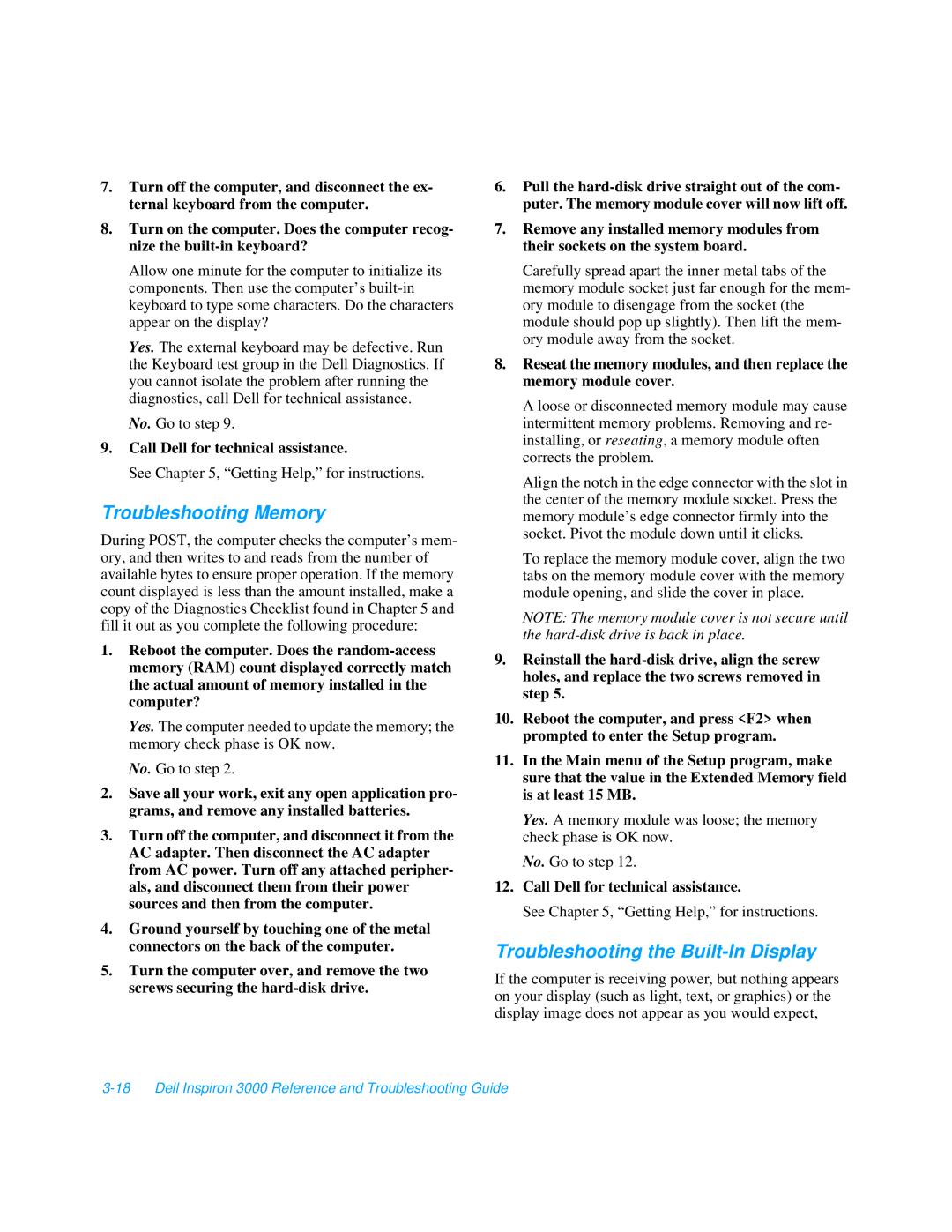 Dell 3000 manual Troubleshooting Memory, Troubleshooting the Built-In Display 