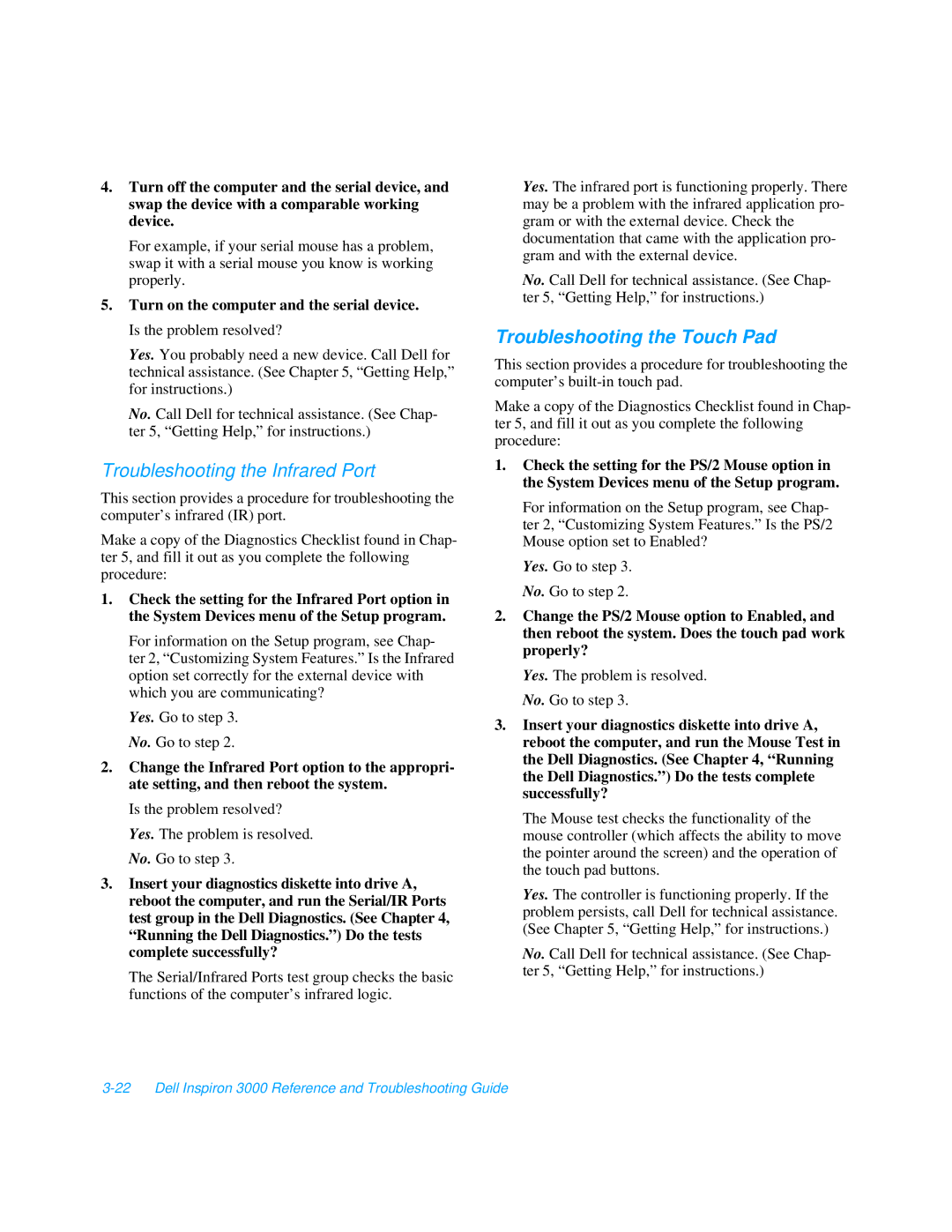 Dell 3000 manual Troubleshooting the Infrared Port, Troubleshooting the Touch Pad 