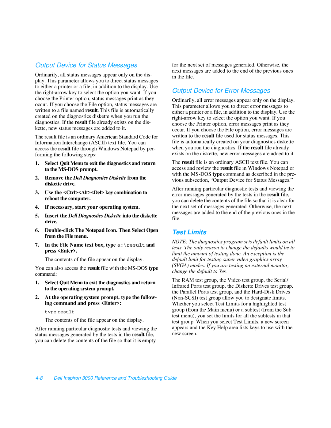 Dell 3000 manual Output Device for Status Messages, Output Device for Error Messages, Test Limits 