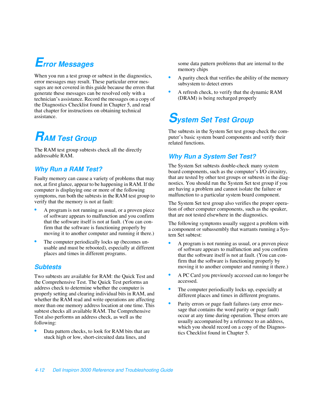 Dell 3000 manual Error Messages, RAM Test Group, System Set Test Group 