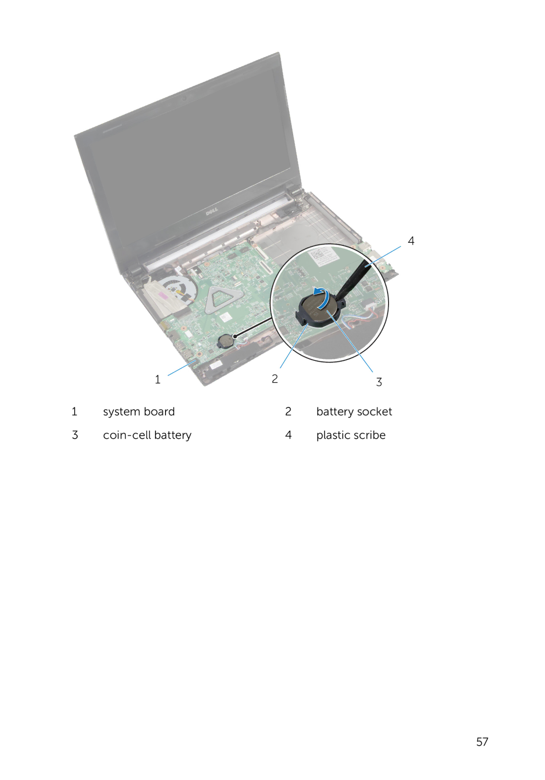 Dell 3000 service manual System board Battery socket Coin-cell battery Plastic scribe 