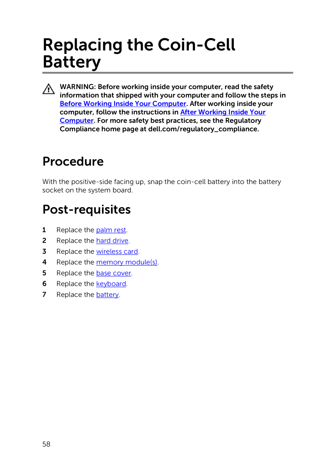 Dell 3000 service manual Replacing the Coin-Cell Battery 