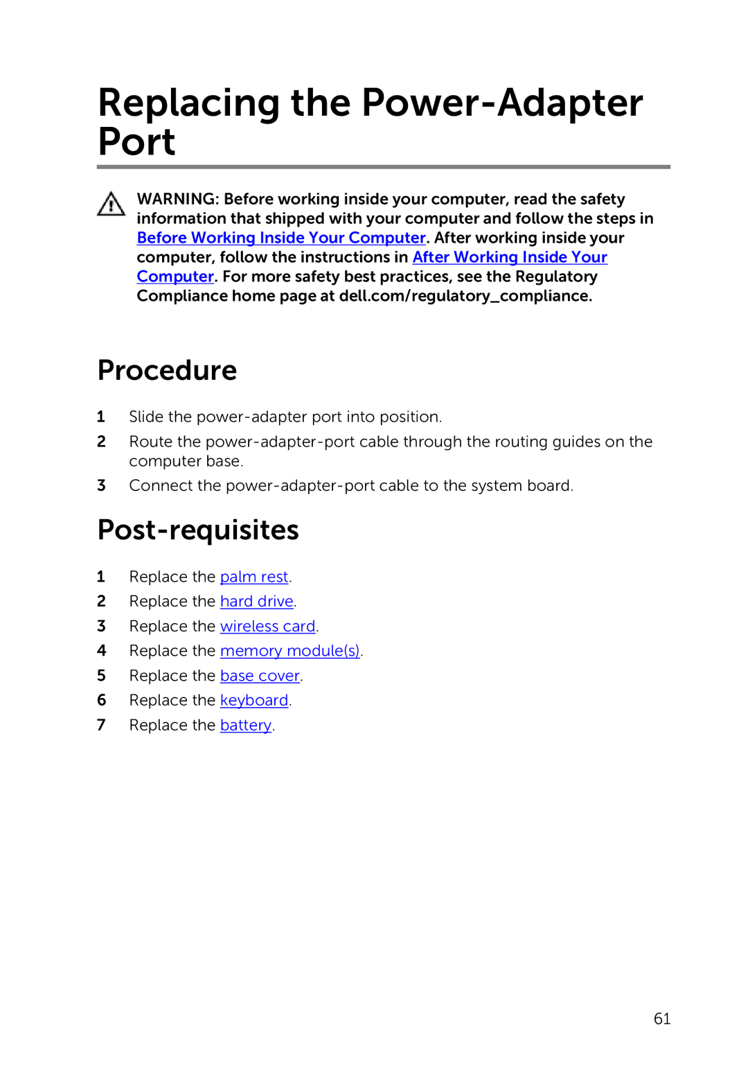 Dell 3000 service manual Replacing the Power-Adapter Port 