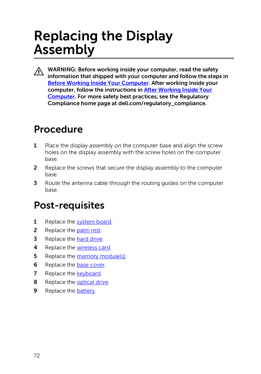 Dell 3000 service manual Replacing the Display Assembly 