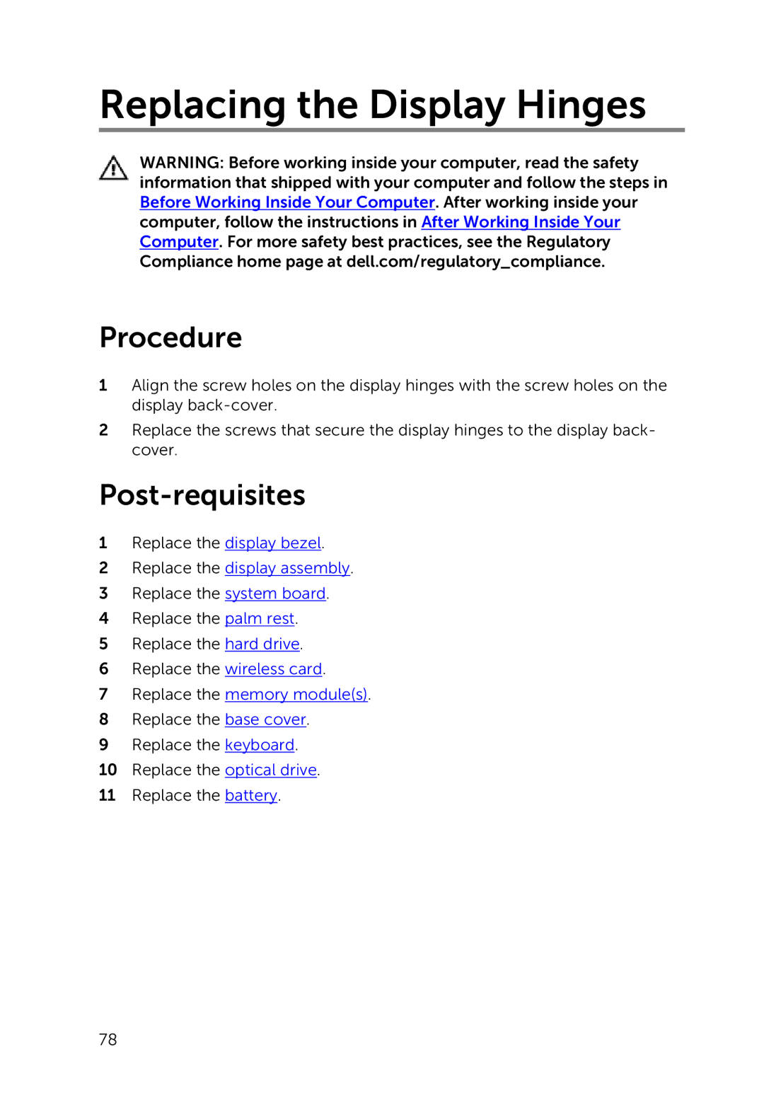 Dell 3000 service manual Replacing the Display Hinges 