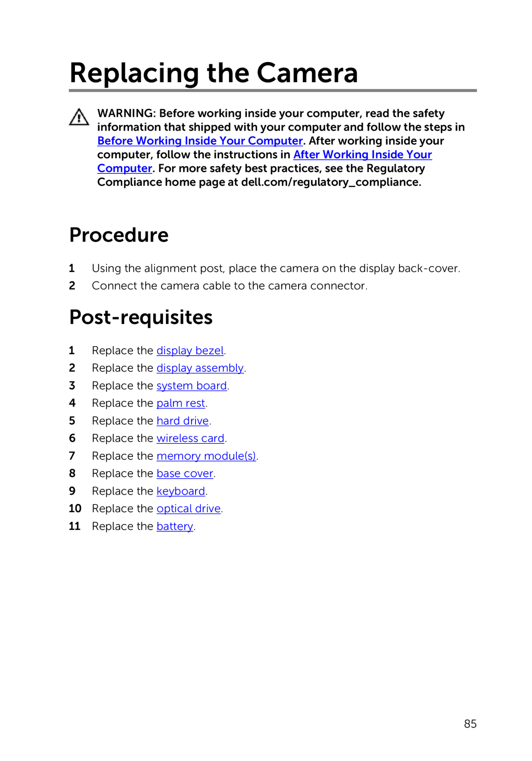 Dell 3000 service manual Replacing the Camera 