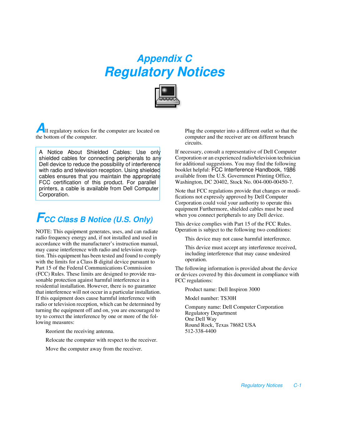 Dell 3000 manual Regulatory Notices, FCC Class B Notice U.S. Only 