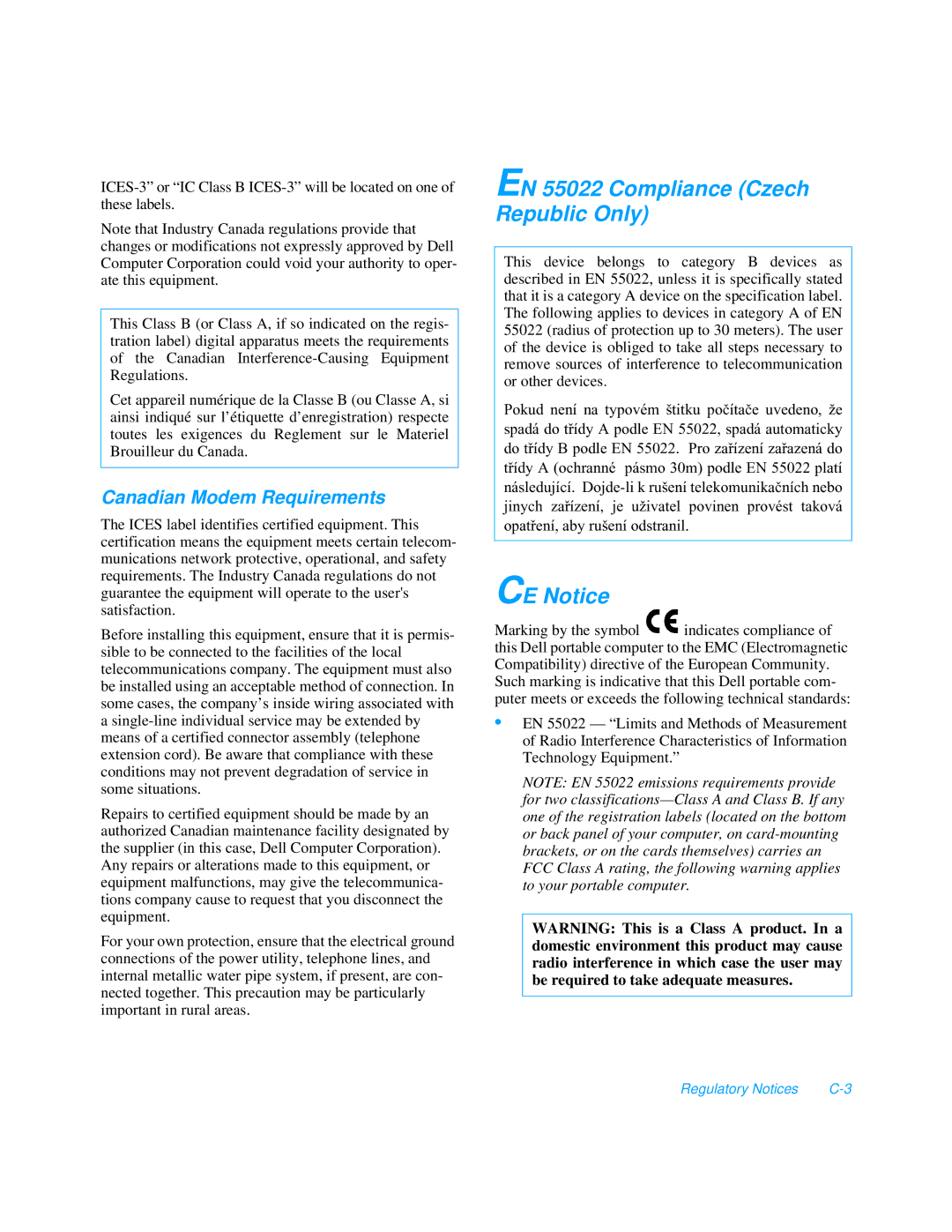 Dell 3000 manual EN 55022 Compliance Czech Republic Only, CE Notice, Canadian Modem Requirements 