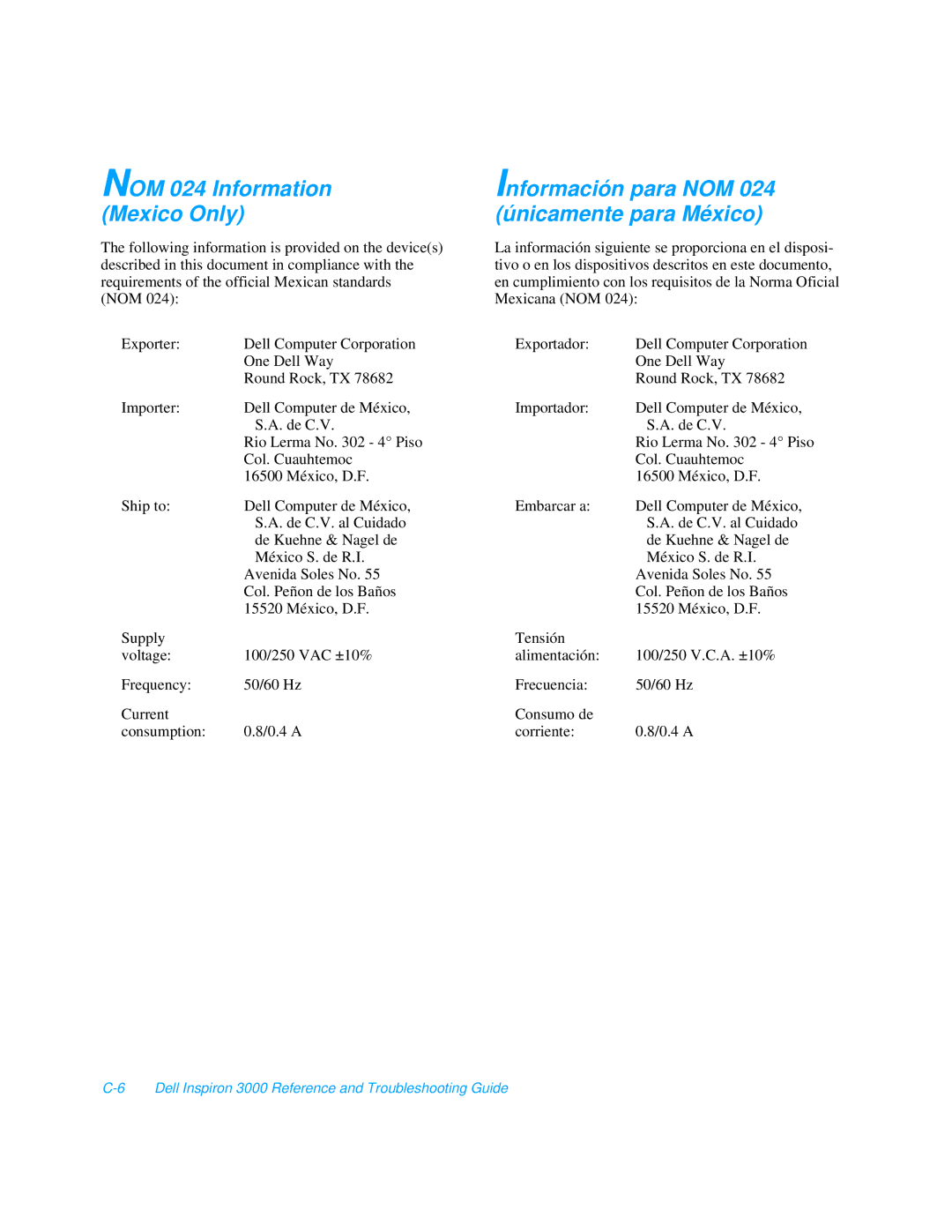 Dell 3000 manual NOM 024 Information Mexico Only 