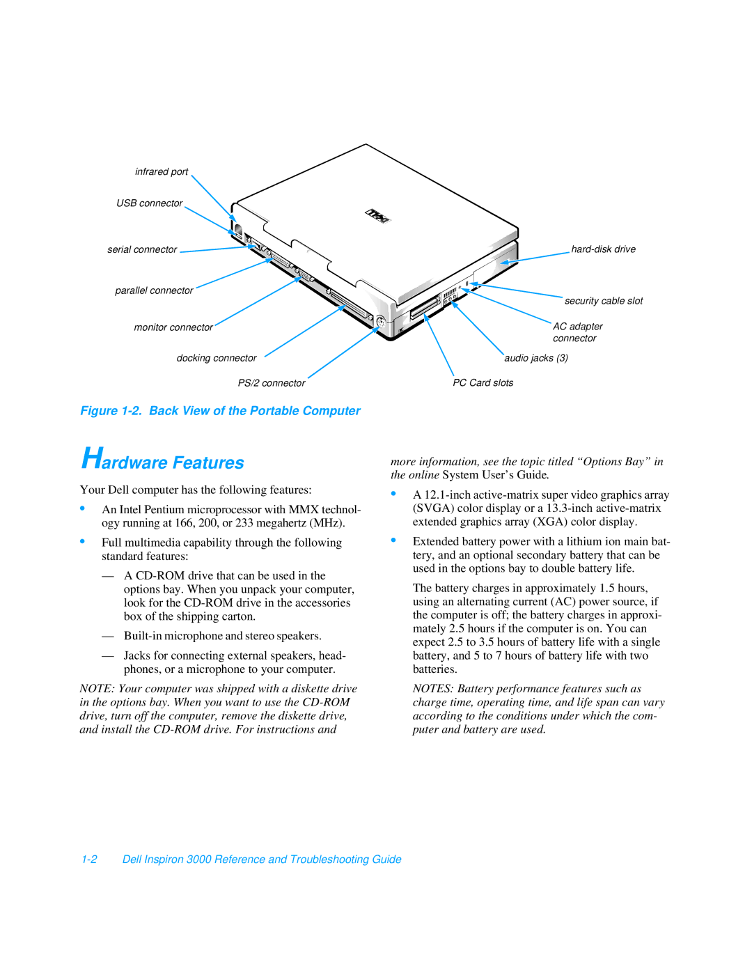 Dell 3000 manual Hardware Features, Back View of the Portable Computer 