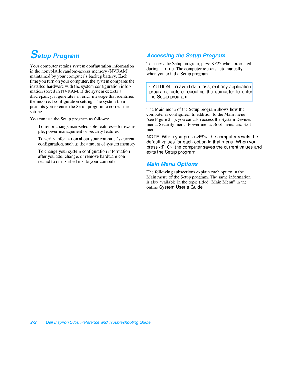 Dell 3000 manual Accessing the Setup Program, Main Menu Options 