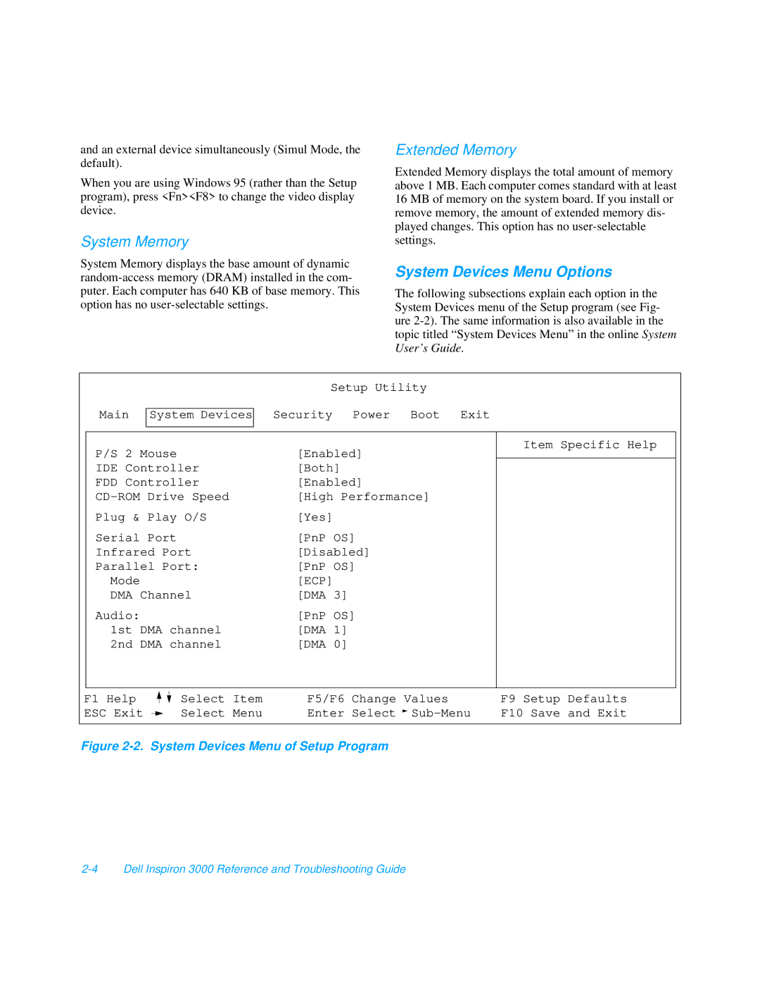 Dell 3000 manual System Memory, Extended Memory, System Devices Menu Options 