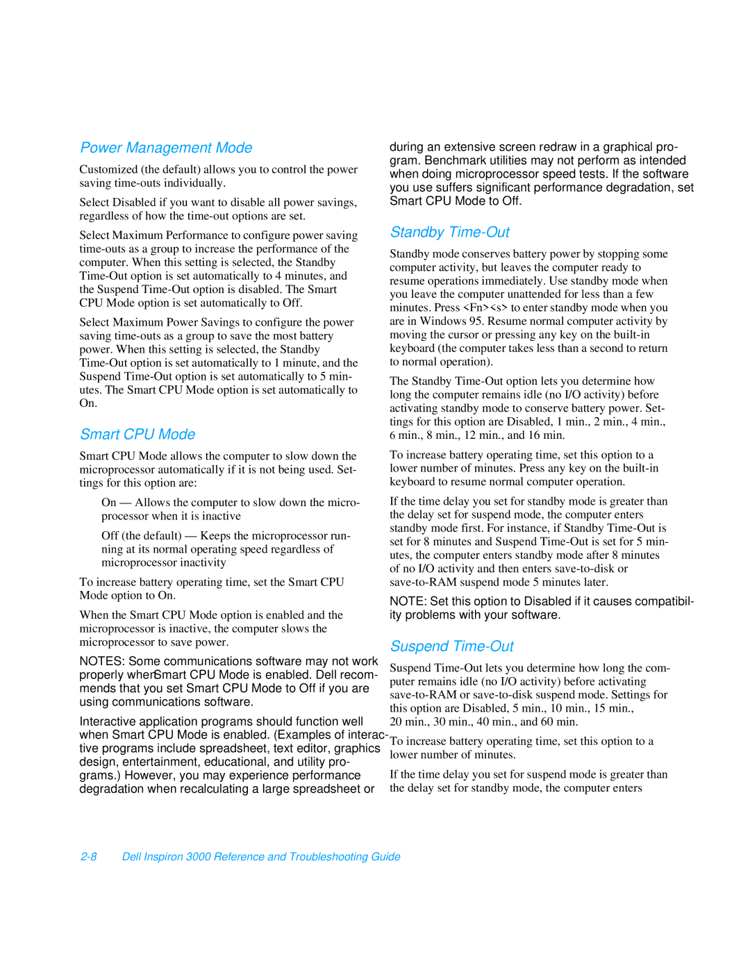 Dell 3000 manual Power Management Mode, Smart CPU Mode, Standby Time-Out, Suspend Time-Out 