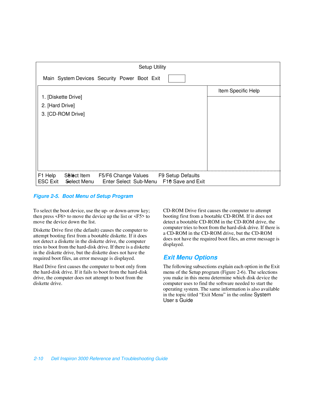 Dell 3000 manual Exit Menu Options, Boot Menu of Setup Program 