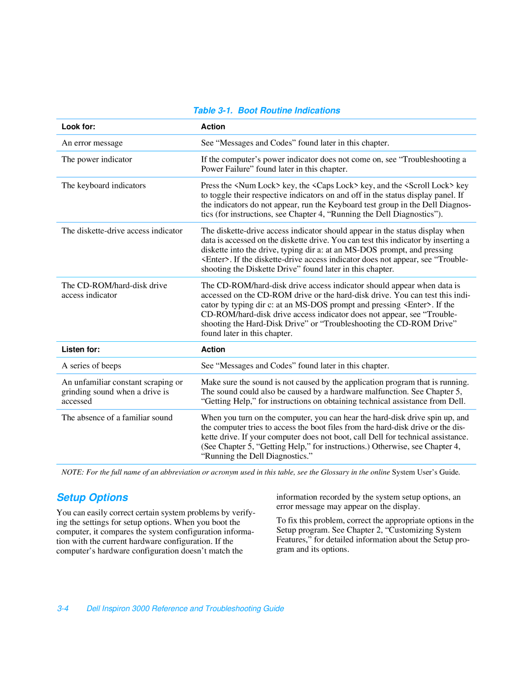 Dell 3000 manual Setup Options, Boot Routine Indications 