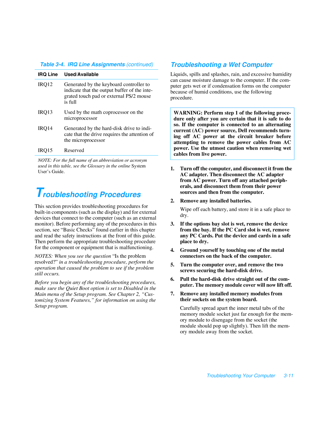 Dell 3000 manual Troubleshooting Procedures, Troubleshooting a Wet Computer 