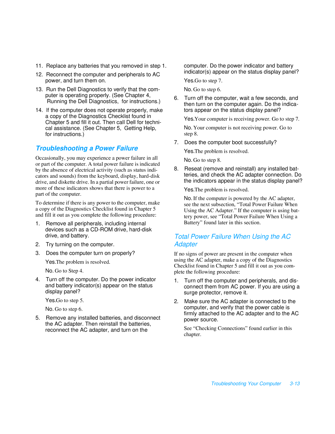 Dell 3000 manual Troubleshooting a Power Failure, Total Power Failure When Using the AC Adapter 