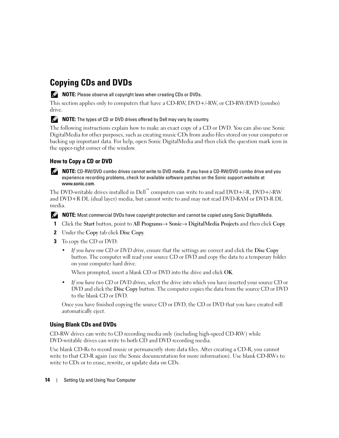 Dell 3000 manual Copying CDs and DVDs, How to Copy a CD or DVD, Using Blank CDs and DVDs 