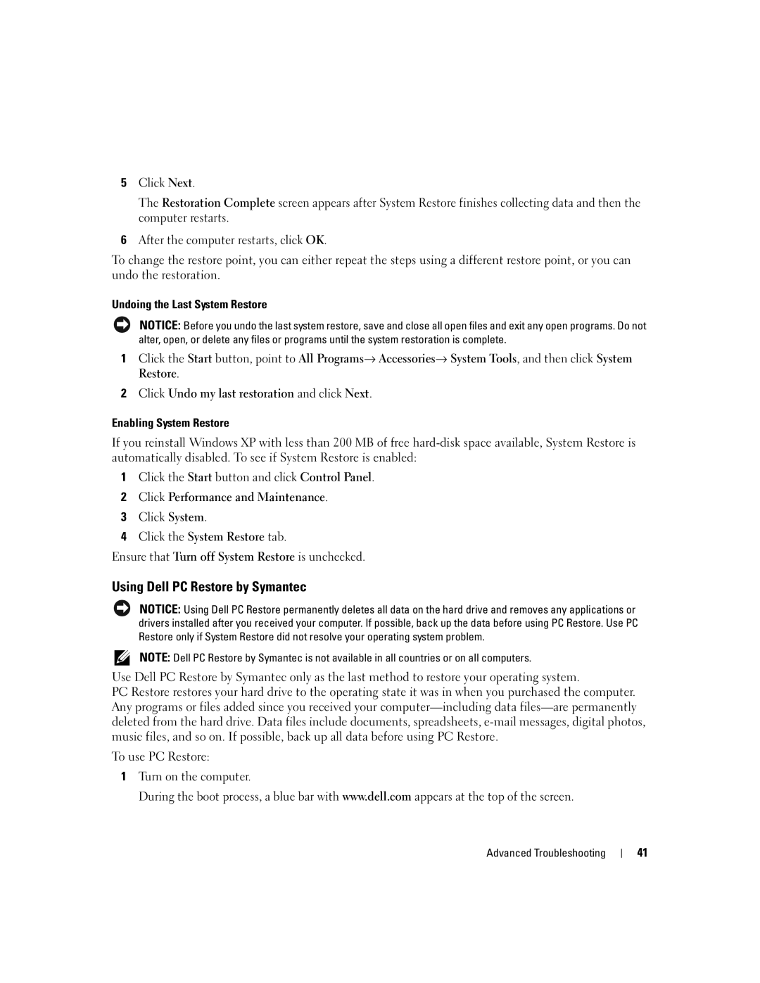 Dell 3000 manual Using Dell PC Restore by Symantec, Undoing the Last System Restore, Enabling System Restore 