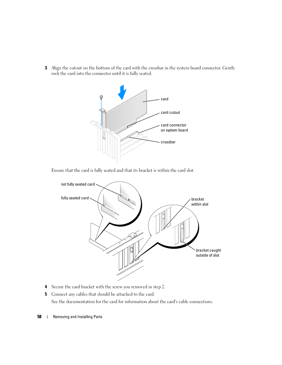 Dell 3000 manual Card Card cutout, Not fully seated card Fully seated card Bracket 