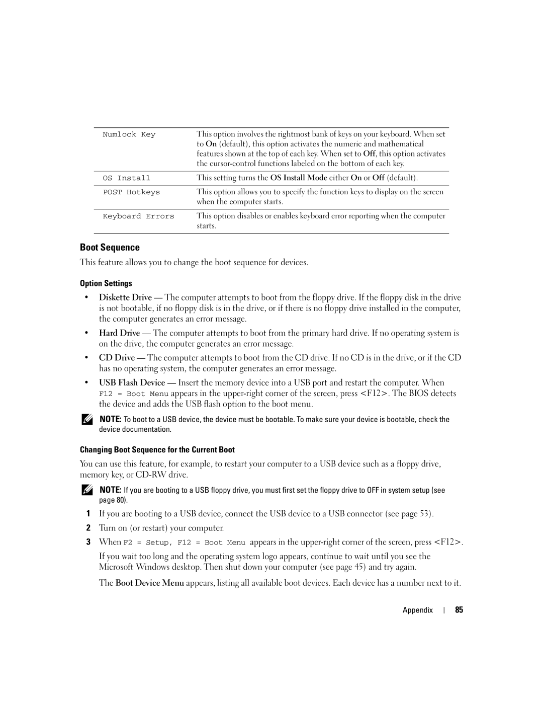 Dell 3000 manual Option Settings, Changing Boot Sequence for the Current Boot 