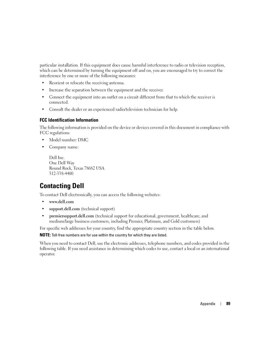 Dell 3000 manual Contacting Dell, FCC Identification Information 