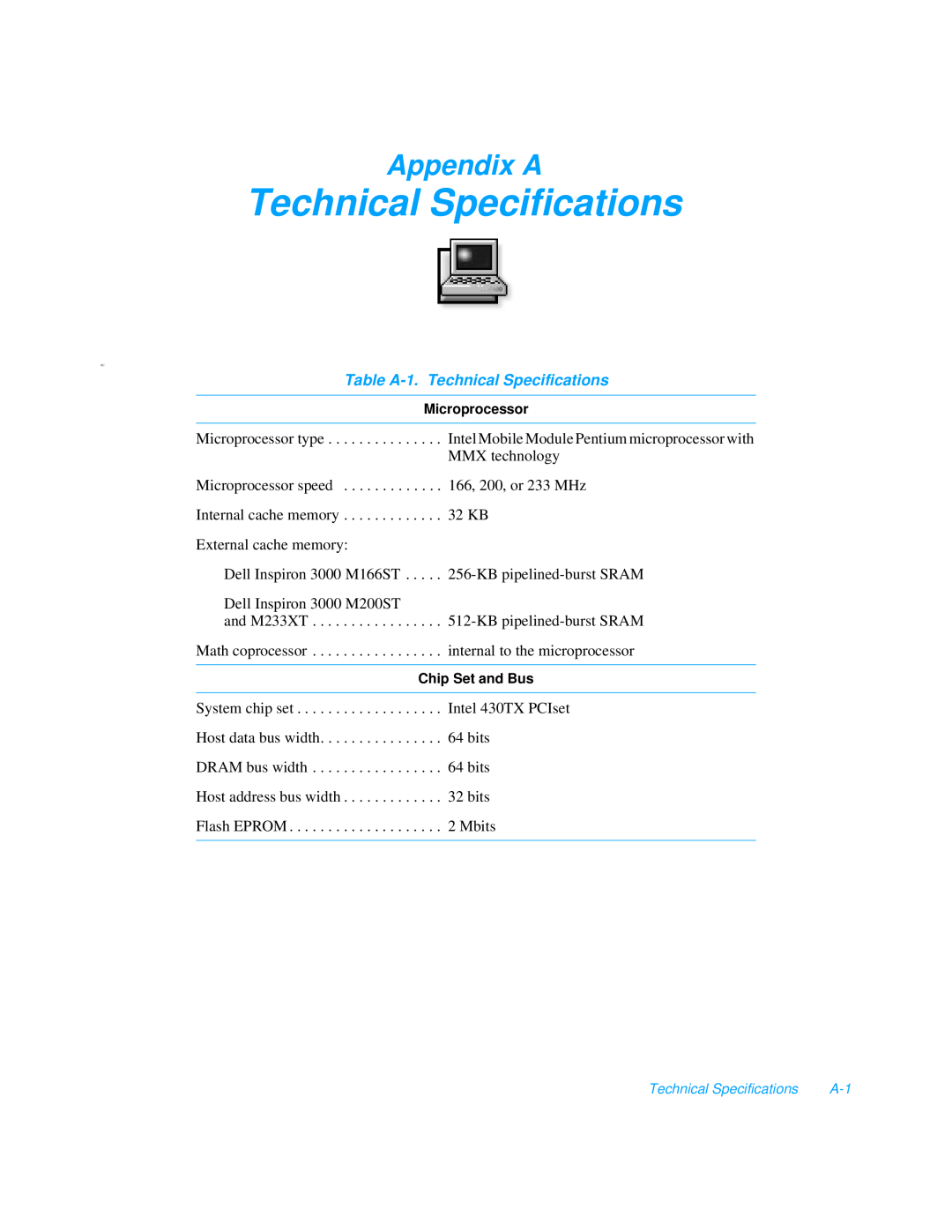 Dell 3000 manual Appendix A, Table A-1. Technical Specifications 