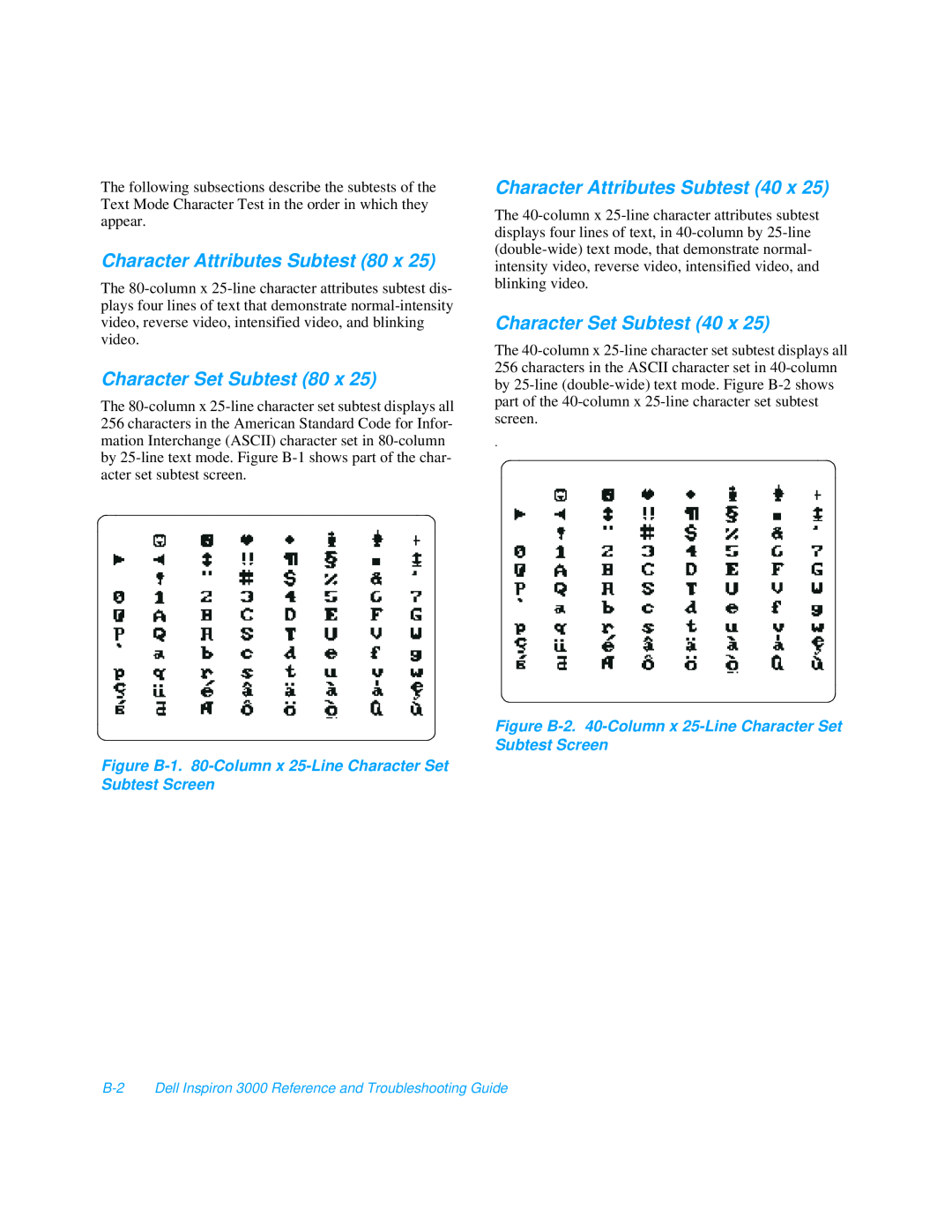 Dell 3000 manual Character Attributes Subtest 80 x, Character Set Subtest 80 x, Character Attributes Subtest 40 x 