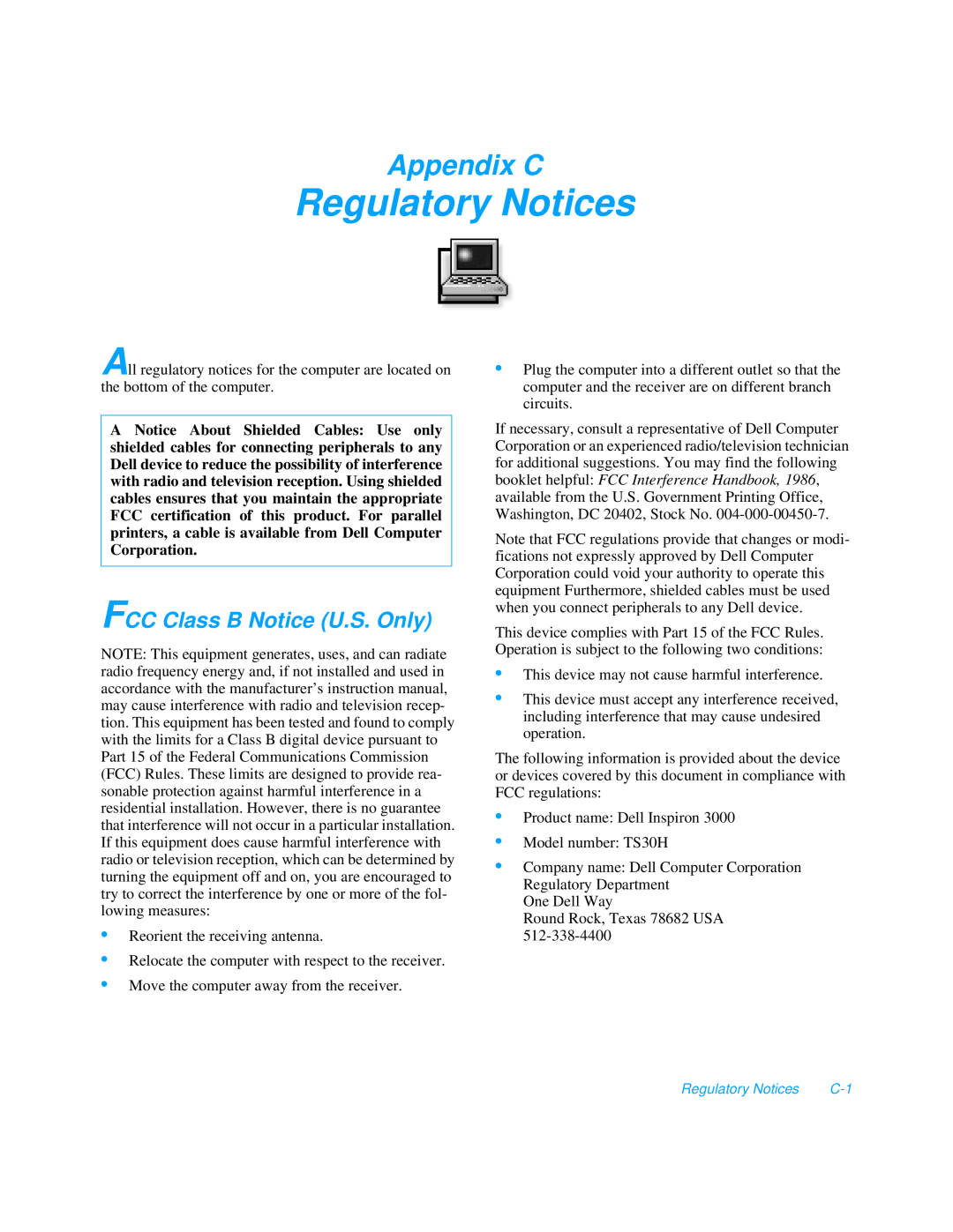 Dell 3000 manual Regulatory Notices, Appendix C, FCC Class B Notice U.S. Only 
