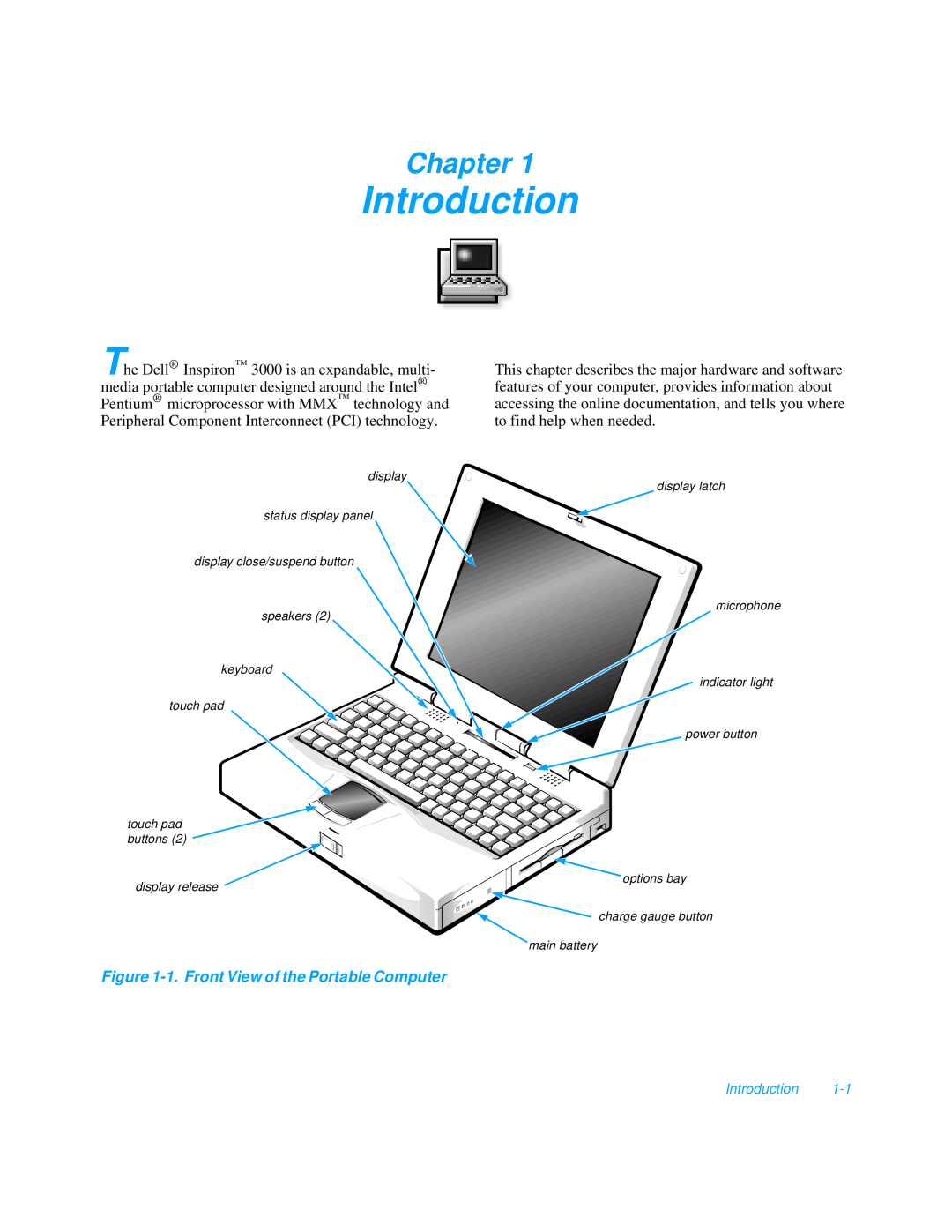 Dell 3000 manual Introduction, Chapter, 1. Front View of the Portable Computer 