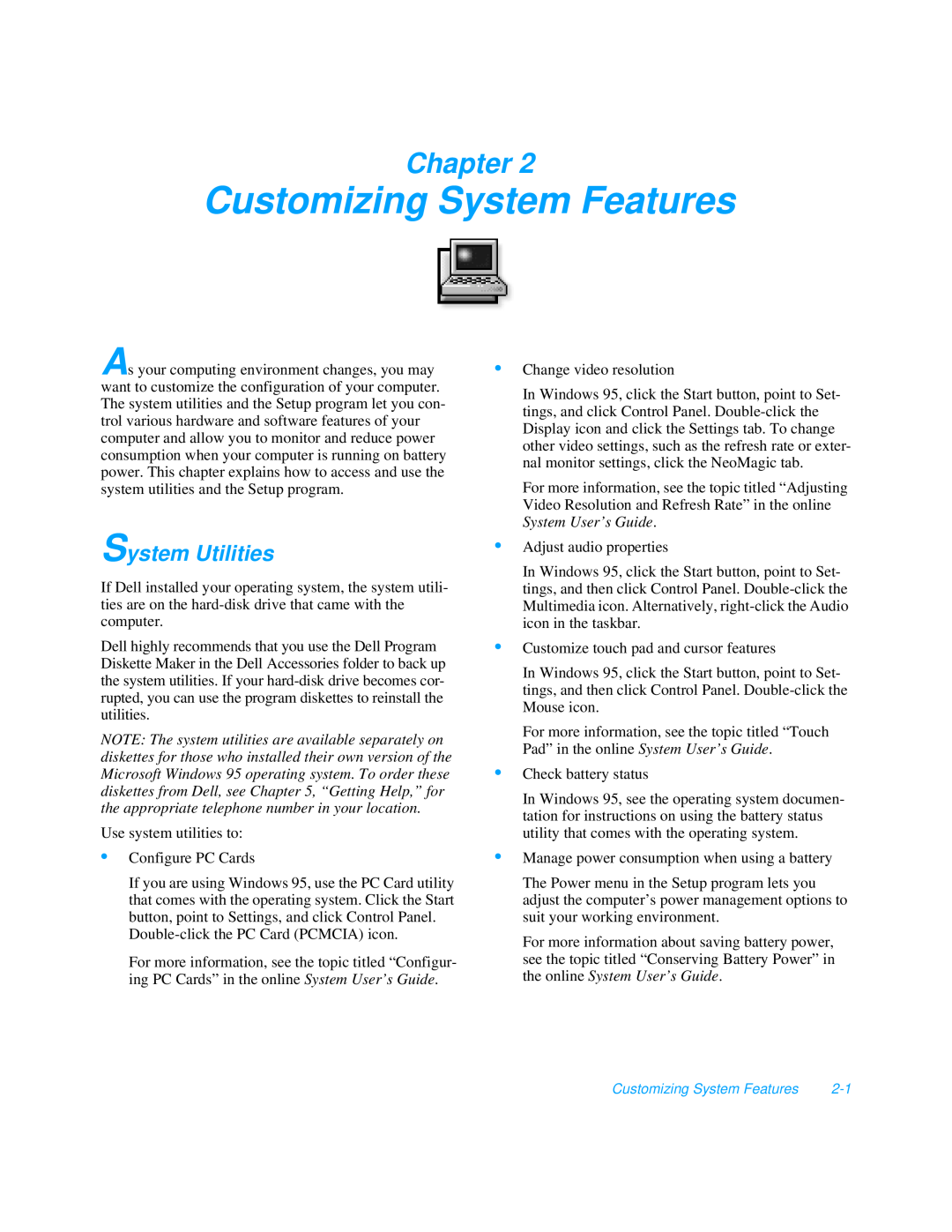 Dell 3000 manual Customizing System Features, System Utilities, Chapter 