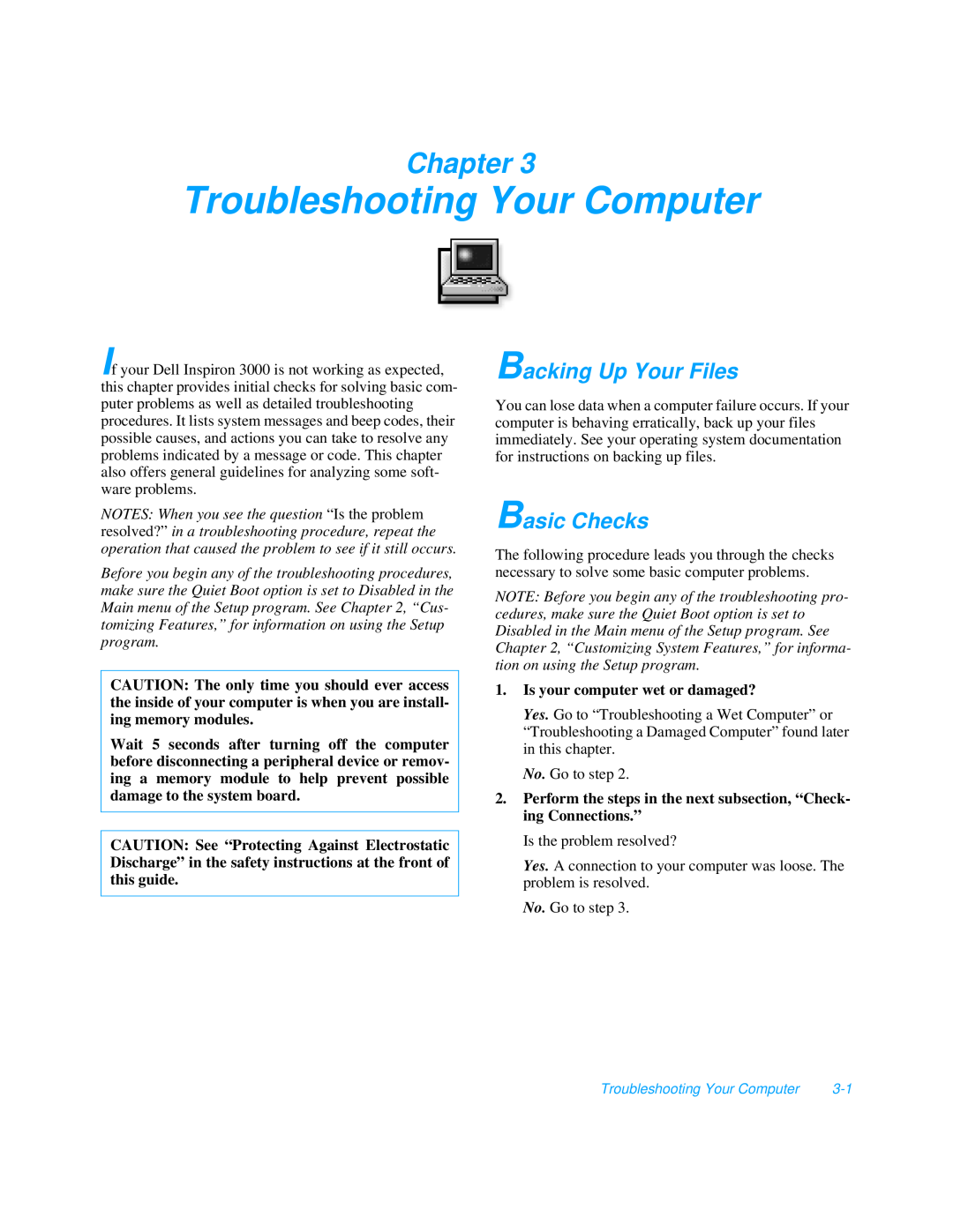 Dell 3000 manual Troubleshooting Your Computer, Backing Up Your Files, Basic Checks, Chapter 