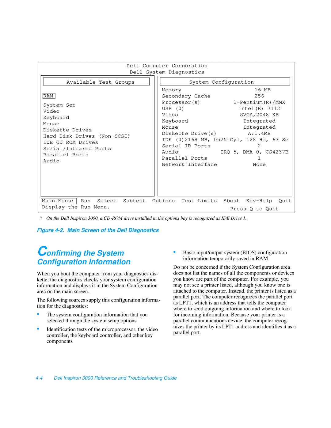 Dell 3000 manual Confirming the System Configuration Information, 2. Main Screen of the Dell Diagnostics 