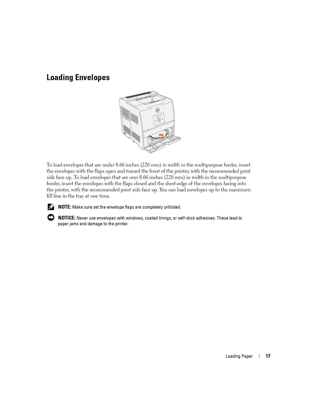 Dell 3000cn owner manual Loading Envelopes 