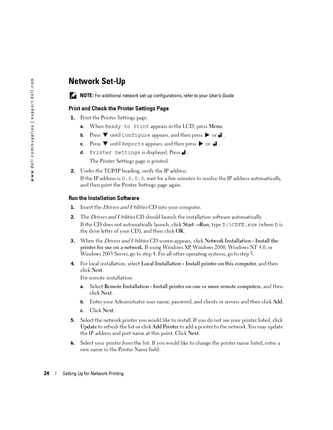 Dell 3000cn owner manual Network Set-Up, Print and Check the Printer Settings, Run the Installation Software 