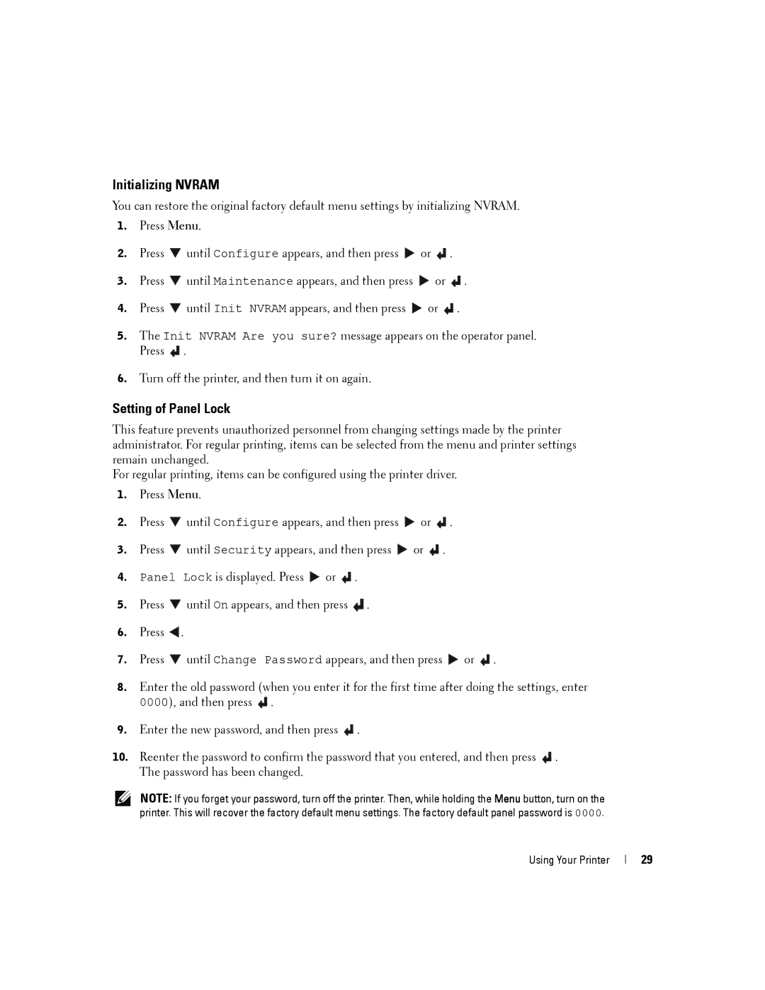 Dell 3000cn owner manual Initializing Nvram, Setting of Panel Lock 