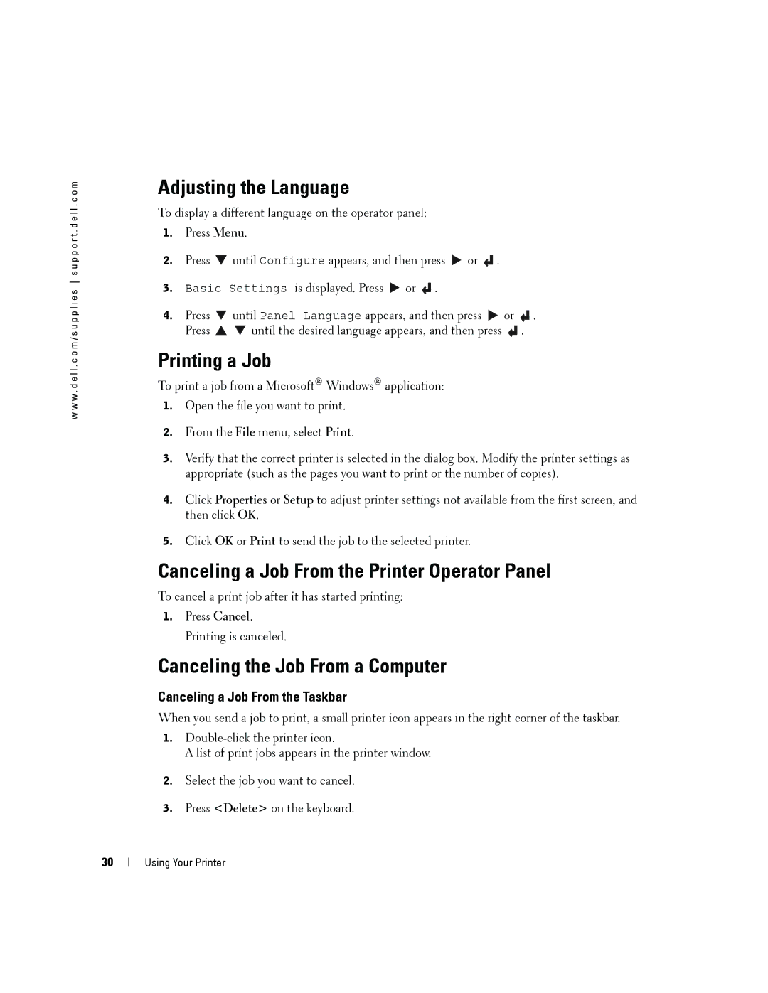 Dell 3000cn owner manual Adjusting the Language, Printing a Job, Canceling a Job From the Printer Operator Panel 