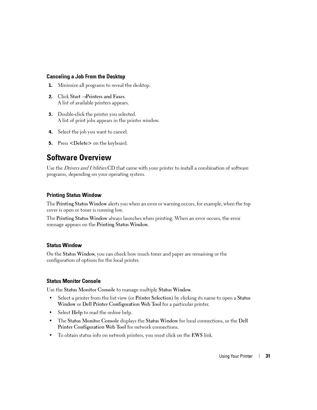 Dell 3000cn Software Overview, Canceling a Job From the Desktop, Printing Status Window, Status Monitor Console 