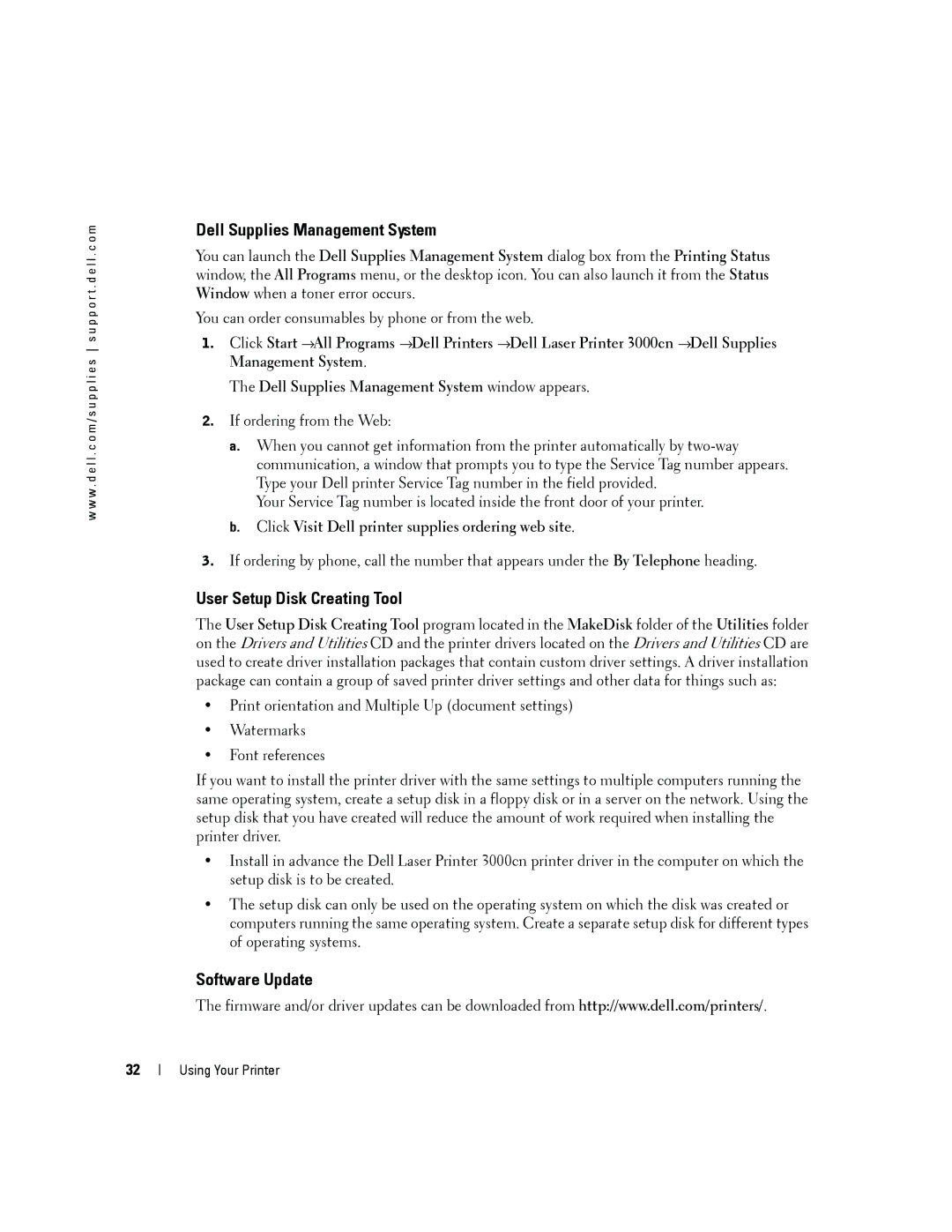 Dell 3000cn owner manual Dell Supplies Management System, User Setup Disk Creating Tool, Software Update 