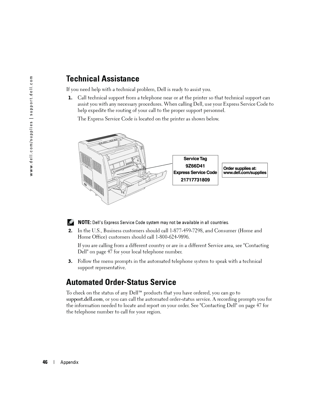 Dell 3000cn owner manual Technical Assistance, Automated Order-Status Service 