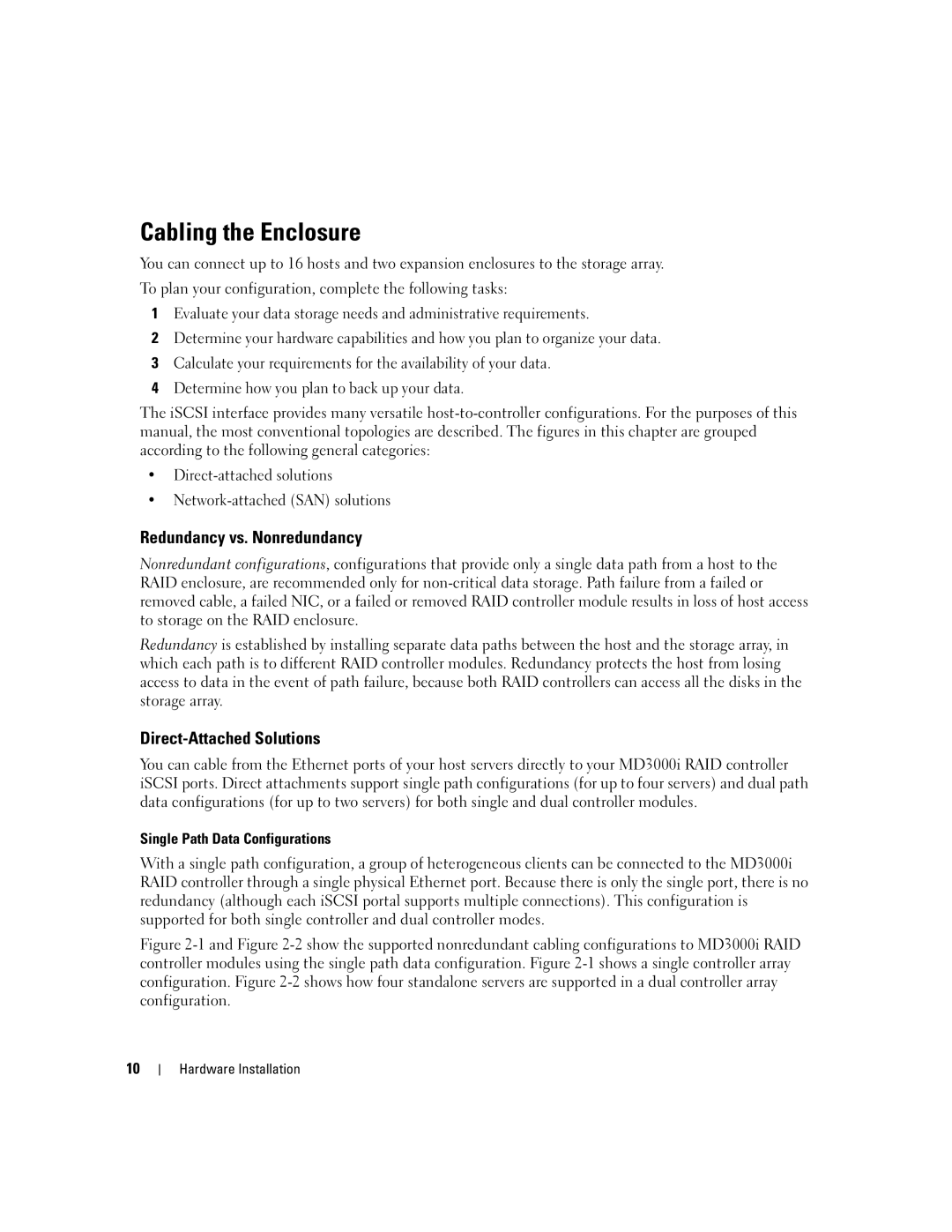 Dell 3000i manual Cabling the Enclosure, Redundancy vs. Nonredundancy, Direct-Attached Solutions 