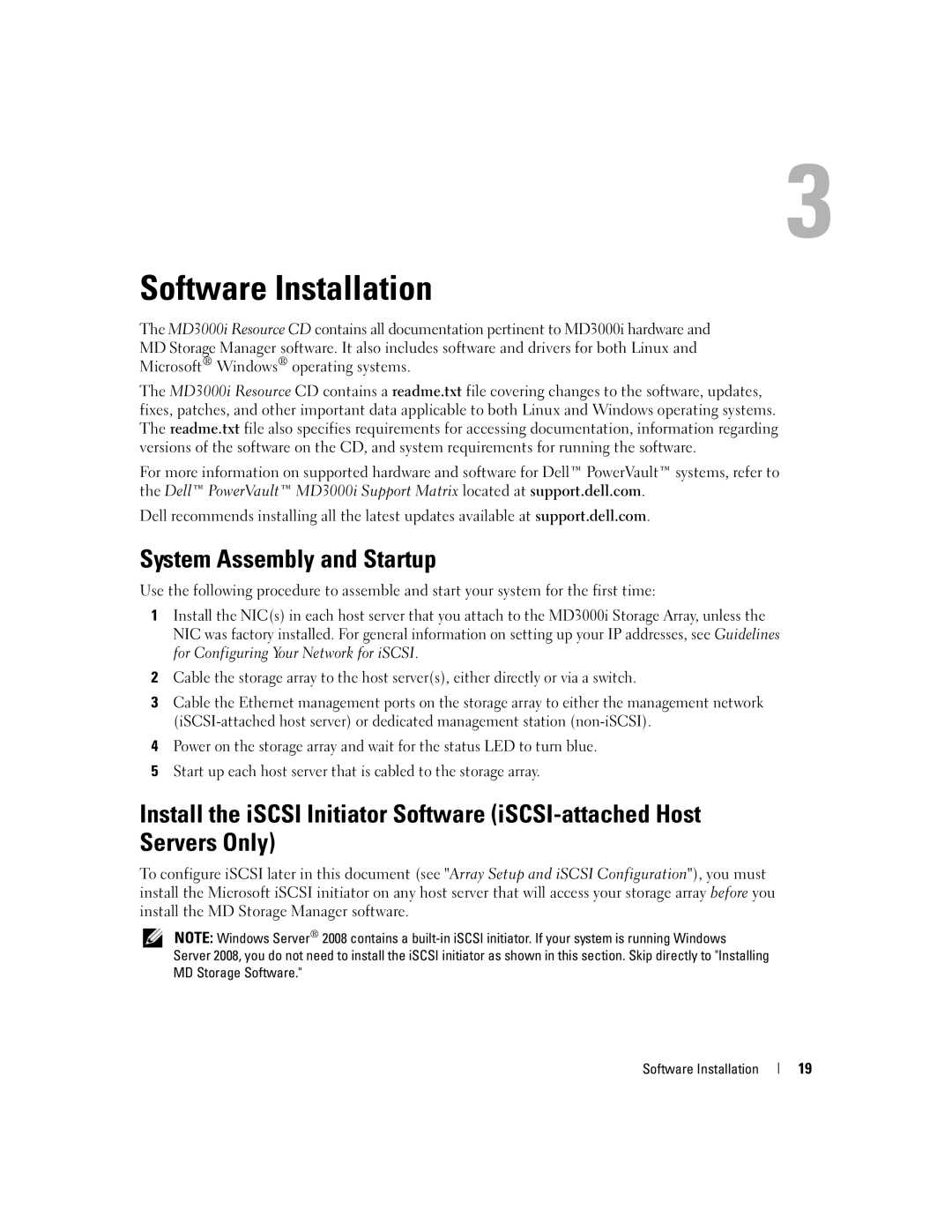 Dell 3000i manual Software Installation, System Assembly and Startup 