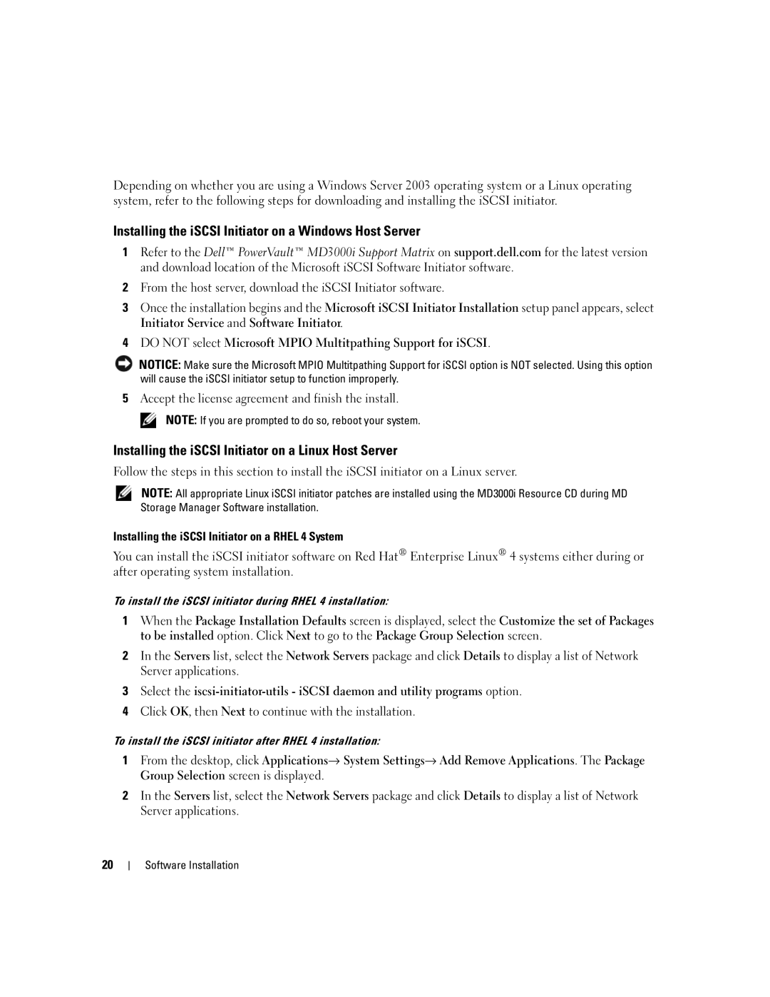 Dell 3000i Installing the iSCSI Initiator on a Windows Host Server, Installing the iSCSI Initiator on a Linux Host Server 