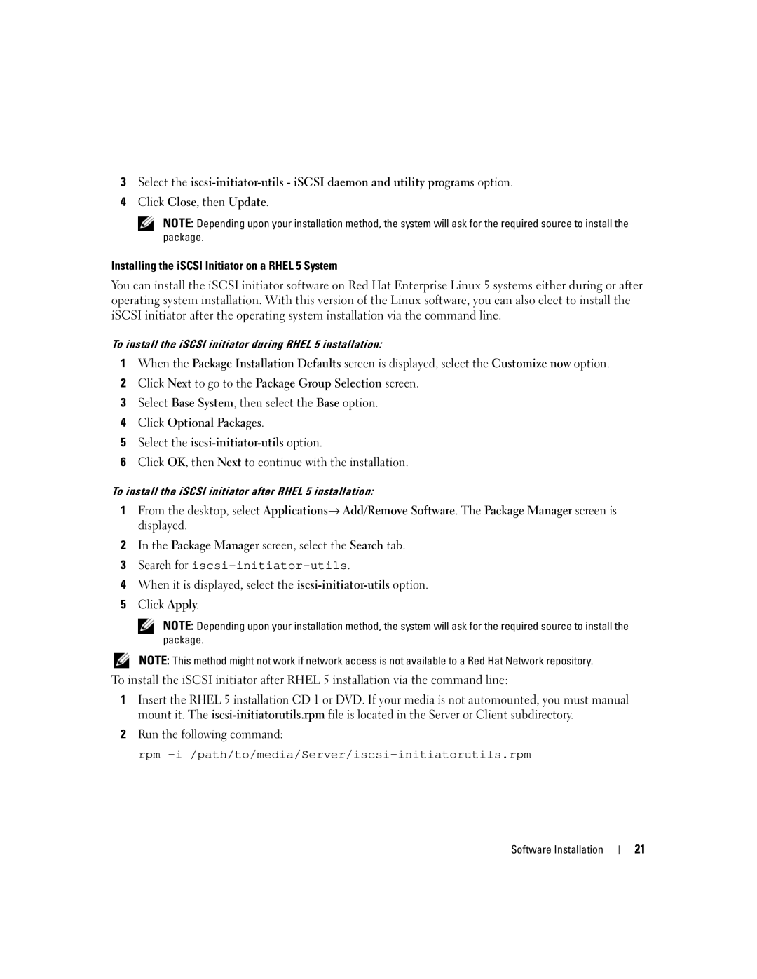 Dell 3000i manual To install the iSCSI initiator during Rhel 5 installation 